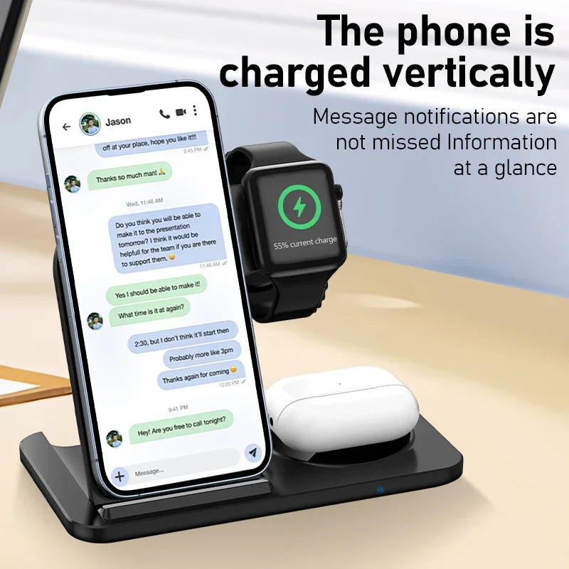 3-in-1 Foldable Wireless Charging Stand – Fast Qi Dock for iPhone 15/14/13/12, Apple Watch & AirPods – Compact Travel Station with LED Light