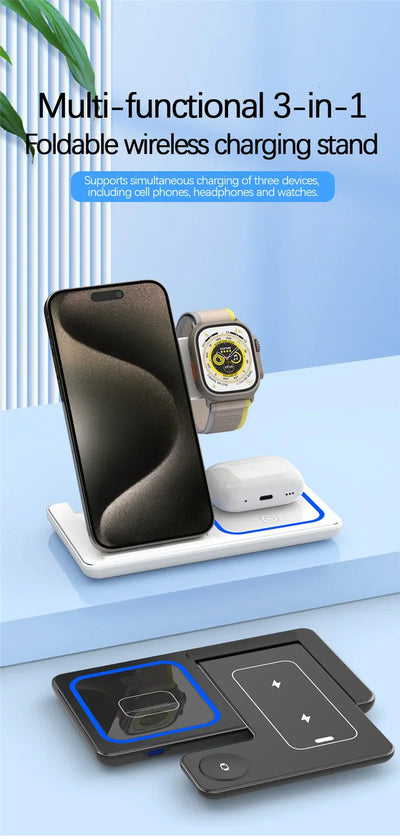 3-in-1 Foldable Wireless Charging Stand – Fast Qi Dock for iPhone 15/14/13/12, Apple Watch & AirPods – Compact Travel Station with LED Light