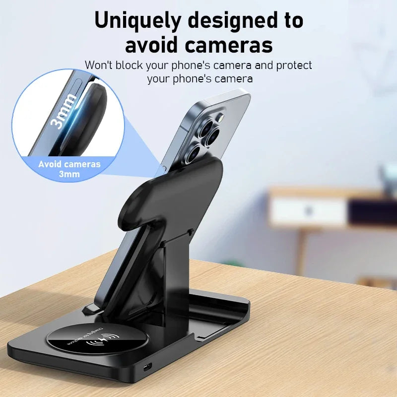 3-in-1 Foldable Wireless Charging Stand – Fast Qi Dock for iPhone 15/14/13/12, Apple Watch & AirPods – Compact Travel Station with LED Light