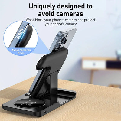 3-in-1 Foldable Wireless Charging Stand – Fast Qi Dock for iPhone 15/14/13/12, Apple Watch & AirPods – Compact Travel Station with LED Light