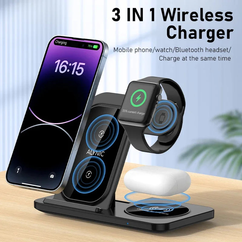 3-in-1 Foldable Wireless Charging Stand – Fast Qi Dock for iPhone 15/14/13/12, Apple Watch & AirPods – Compact Travel Station with LED Light