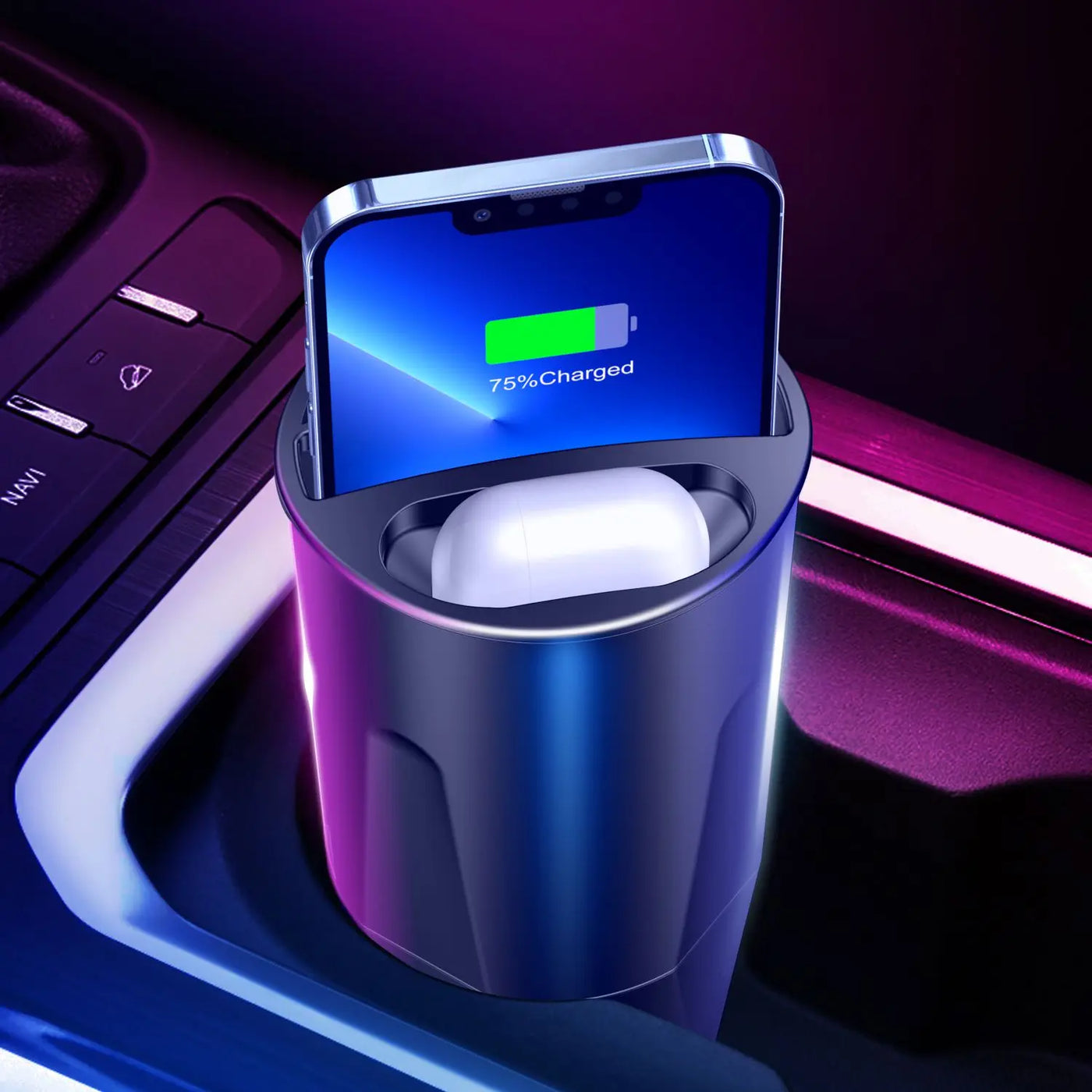 4-in-1 Wireless Car Charging Cup – Fast 15W Qi Charger for iPhone, AirPods & More – Sleek Cupholder Design + Type-C Port