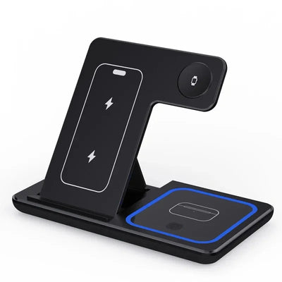 3-in-1 Foldable Wireless Charging Stand – Fast Qi Dock for iPhone 15/14/13/12, Apple Watch & AirPods – Compact Travel Station with LED Light