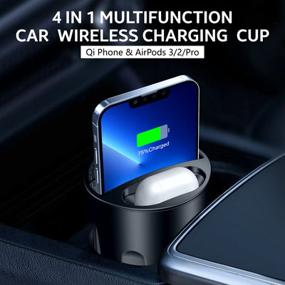 4-in-1 Wireless Car Charging Cup – Fast 15W Qi Charger for iPhone, AirPods & More – Sleek Cupholder Design + Type-C Port