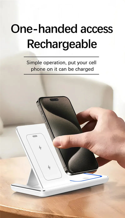 3-in-1 Foldable Wireless Charging Stand – Fast Qi Dock for iPhone 15/14/13/12, Apple Watch & AirPods – Compact Travel Station with LED Light