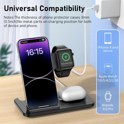 3-in-1 Foldable Wireless Charging Stand – Fast Qi Dock for iPhone 15/14/13/12, Apple Watch & AirPods – Compact Travel Station with LED Light