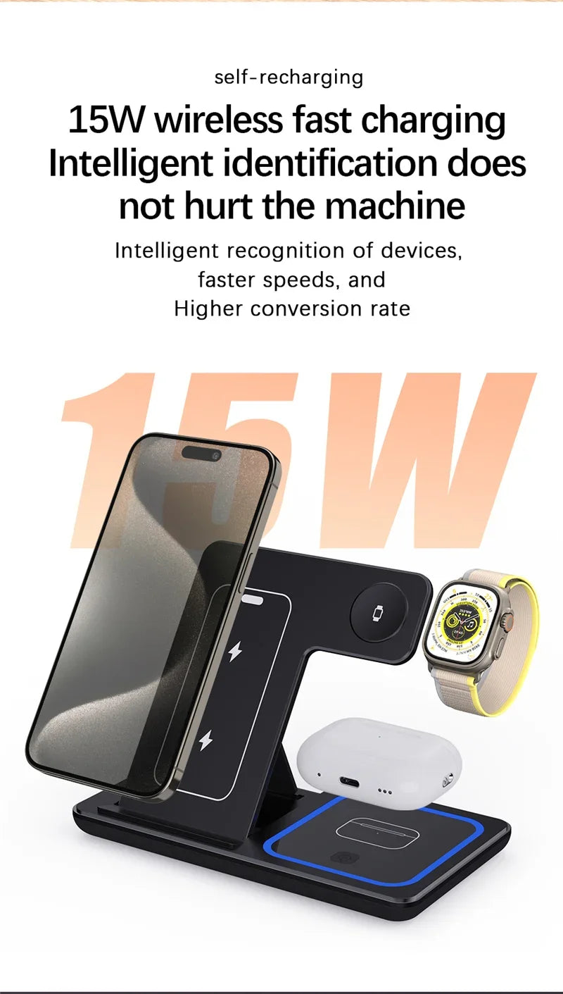 3-in-1 Foldable Wireless Charging Stand – Fast Qi Dock for iPhone 15/14/13/12, Apple Watch & AirPods – Compact Travel Station with LED Light