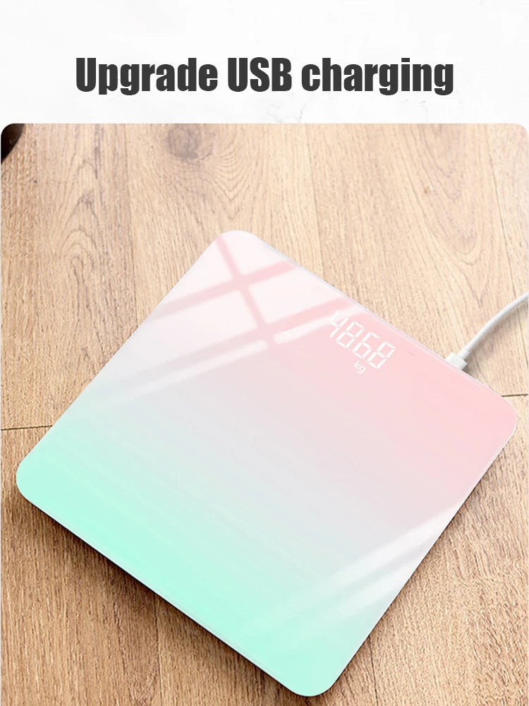 "Track Your Progress in Style with the Rainbow Gradient LCD Electronic Body Scale – Intelligent, Rechargeable, Accurate Weight Measurement"