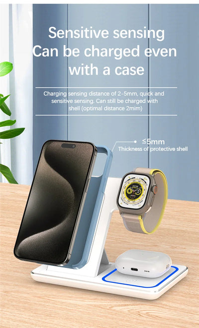 3-in-1 Foldable Wireless Charging Stand – Fast Qi Dock for iPhone 15/14/13/12, Apple Watch & AirPods – Compact Travel Station with LED Light