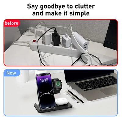 3-in-1 Foldable Wireless Charging Stand – Fast Qi Dock for iPhone 15/14/13/12, Apple Watch & AirPods – Compact Travel Station with LED Light