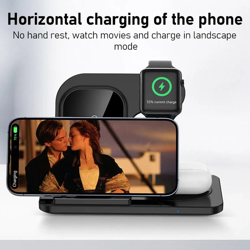 3-in-1 Foldable Wireless Charging Stand – Fast Qi Dock for iPhone 15/14/13/12, Apple Watch & AirPods – Compact Travel Station with LED Light