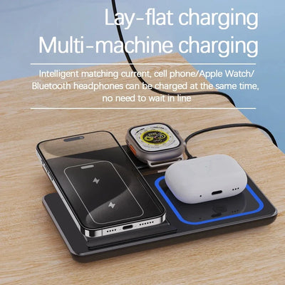 3-in-1 Foldable Wireless Charging Stand – Fast Qi Dock for iPhone 15/14/13/12, Apple Watch & AirPods – Compact Travel Station with LED Light