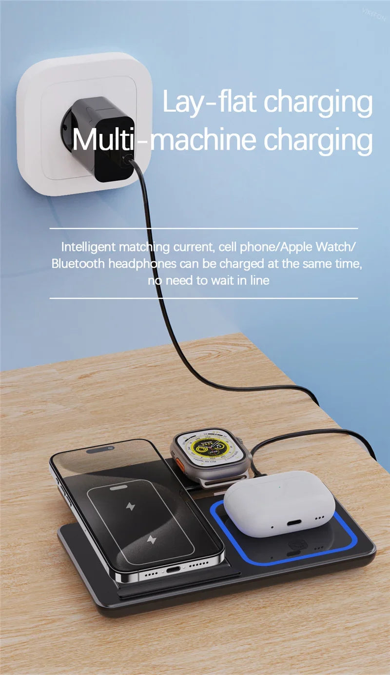 3-in-1 Foldable Wireless Charging Stand – Fast Qi Dock for iPhone 15/14/13/12, Apple Watch & AirPods – Compact Travel Station with LED Light