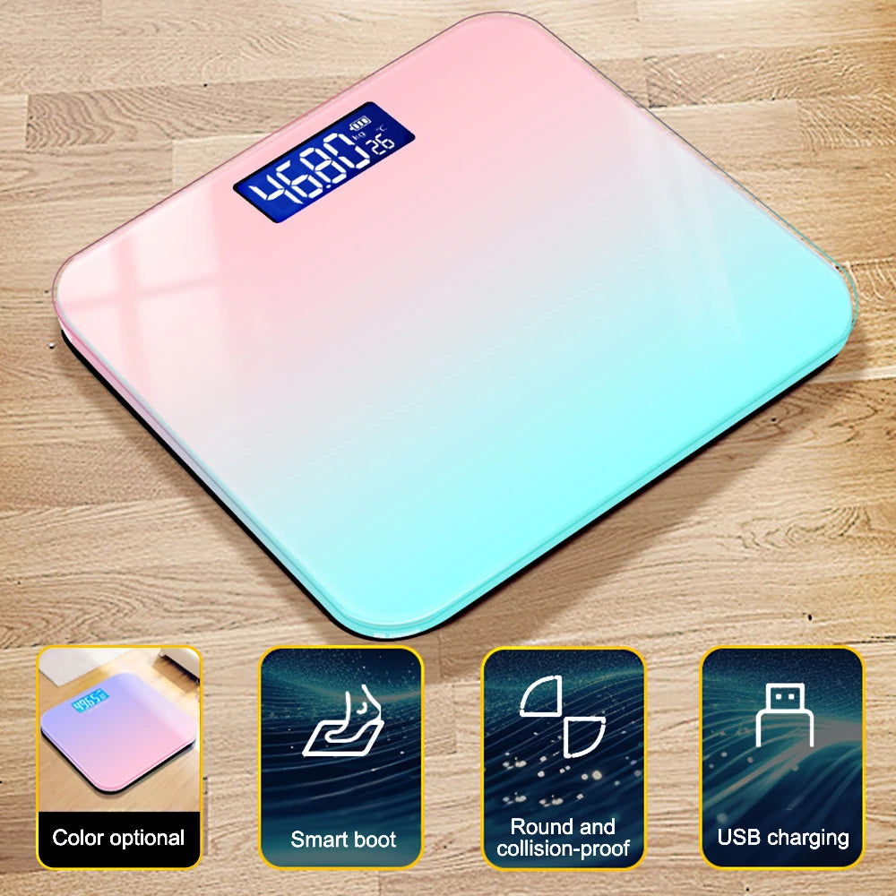 "Track Your Progress in Style with the Rainbow Gradient LCD Electronic Body Scale – Intelligent, Rechargeable, Accurate Weight Measurement"
