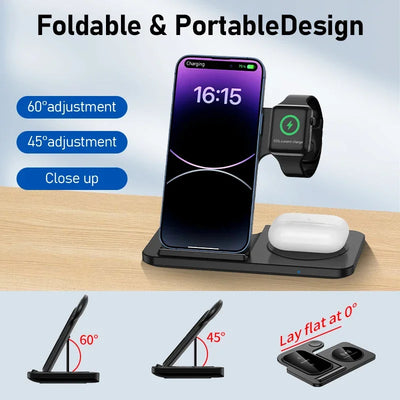 3-in-1 Foldable Wireless Charging Stand – Fast Qi Dock for iPhone 15/14/13/12, Apple Watch & AirPods – Compact Travel Station with LED Light