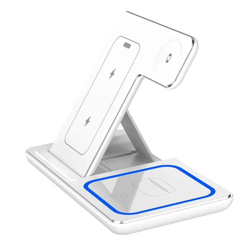 3-in-1 Foldable Wireless Charging Stand – Fast Qi Dock for iPhone 15/14/13/12, Apple Watch & AirPods – Compact Travel Station with LED Light
