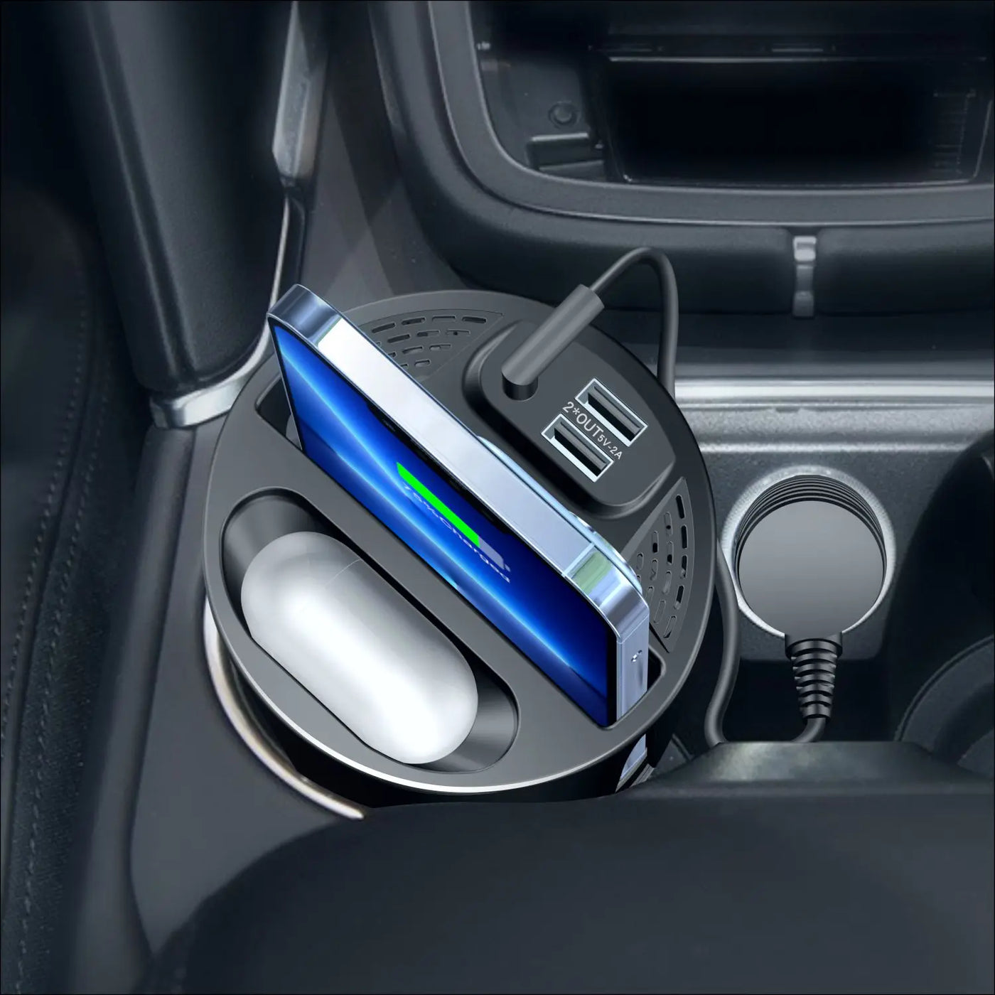 4-in-1 Wireless Car Charging Cup – Fast 15W Qi Charger for iPhone, AirPods & More – Sleek Cupholder Design + Type-C Port