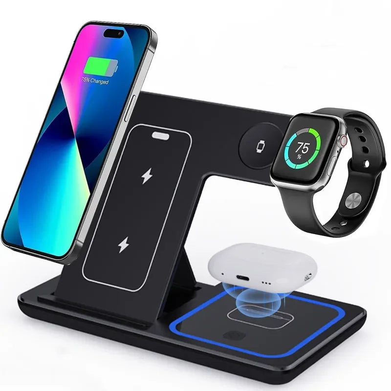 3-in-1 Foldable Wireless Charging Stand – Fast Qi Dock for iPhone 15/14/13/12, Apple Watch & AirPods – Compact Travel Station with LED Light