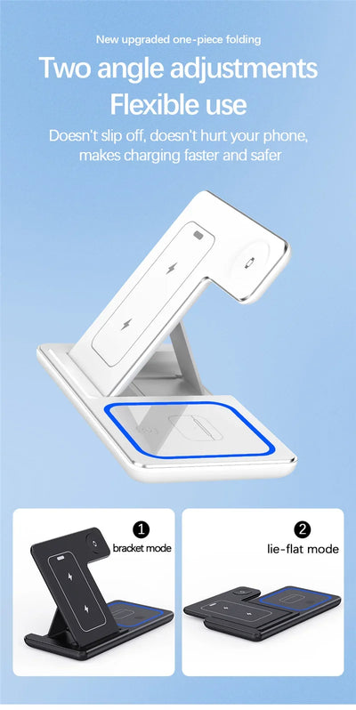 3-in-1 Foldable Wireless Charging Stand – Fast Qi Dock for iPhone 15/14/13/12, Apple Watch & AirPods – Compact Travel Station with LED Light