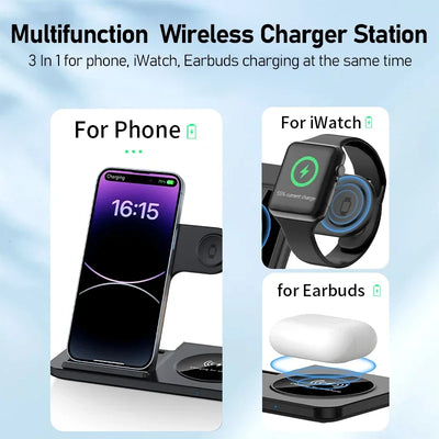 3-in-1 Foldable Wireless Charging Stand – Fast Qi Dock for iPhone 15/14/13/12, Apple Watch & AirPods – Compact Travel Station with LED Light