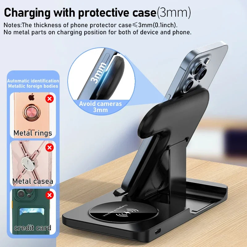 3-in-1 Foldable Wireless Charging Stand – Fast Qi Dock for iPhone 15/14/13/12, Apple Watch & AirPods – Compact Travel Station with LED Light