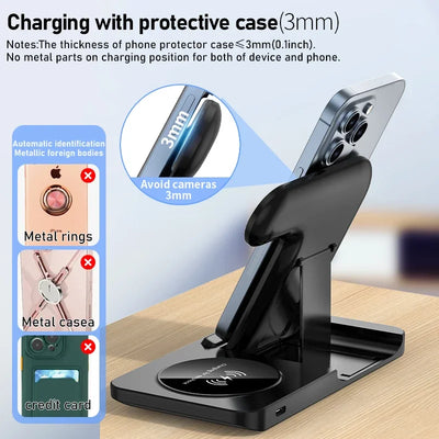 3-in-1 Foldable Wireless Charging Stand – Fast Qi Dock for iPhone 15/14/13/12, Apple Watch & AirPods – Compact Travel Station with LED Light