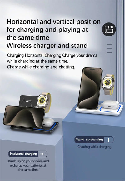 3-in-1 Foldable Wireless Charging Stand – Fast Qi Dock for iPhone 15/14/13/12, Apple Watch & AirPods – Compact Travel Station with LED Light